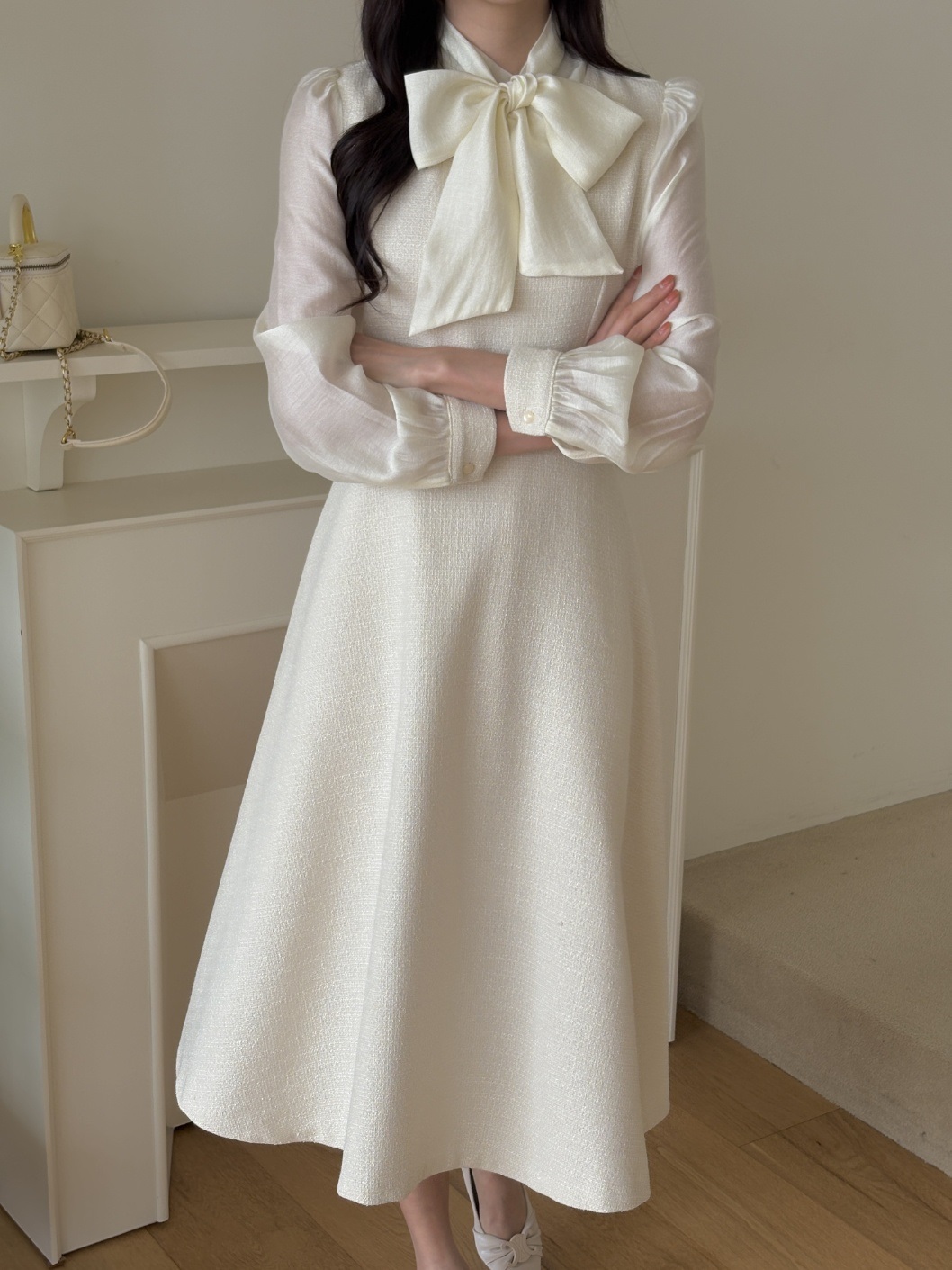 ソフトジップアップスリムロング長袖フレアスカーフネックワンピース | 詳細画像5