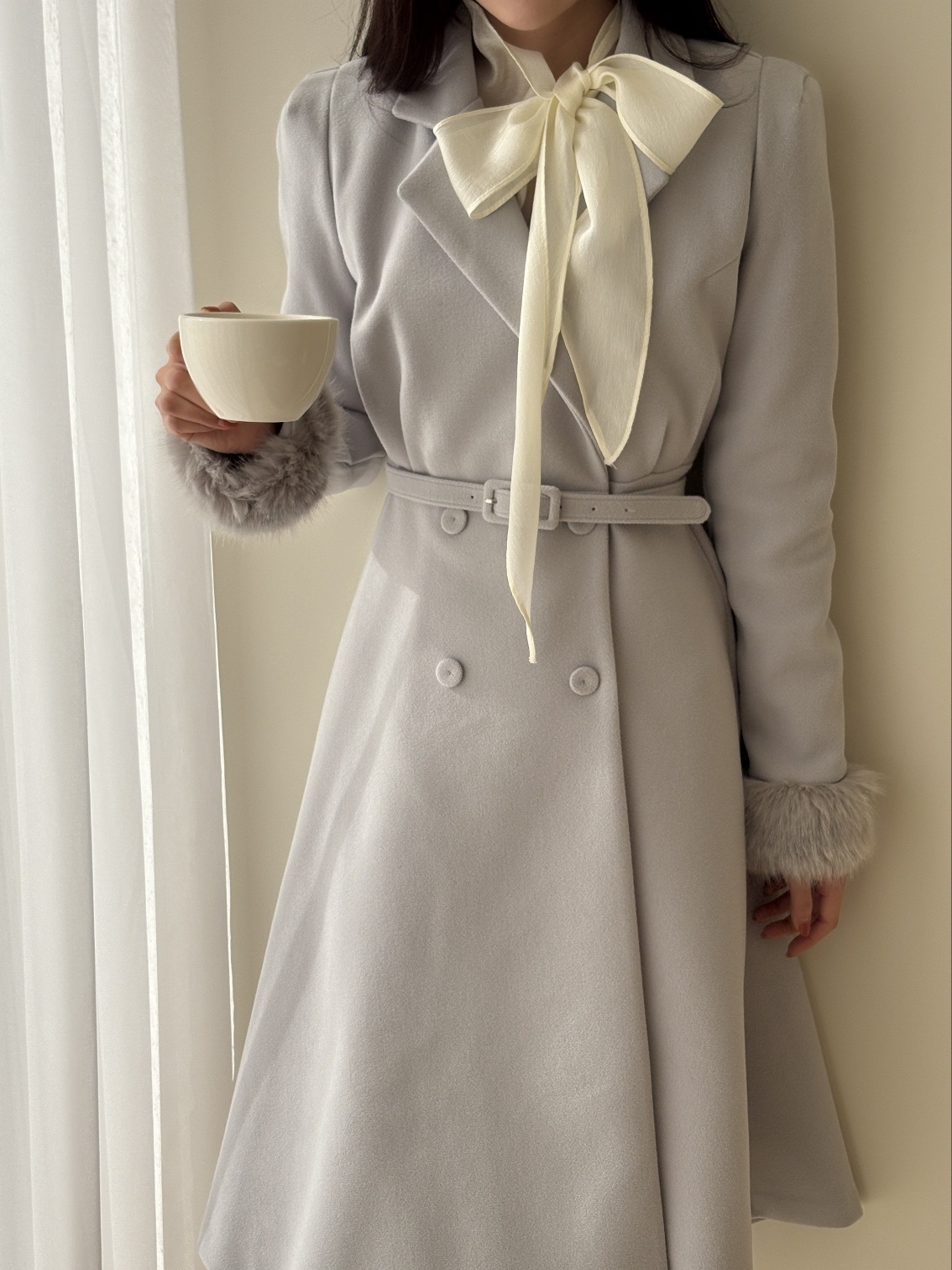 コンビエコファーボタンカラー肩パッドロング長袖フレアコートベルト付 | 詳細画像11