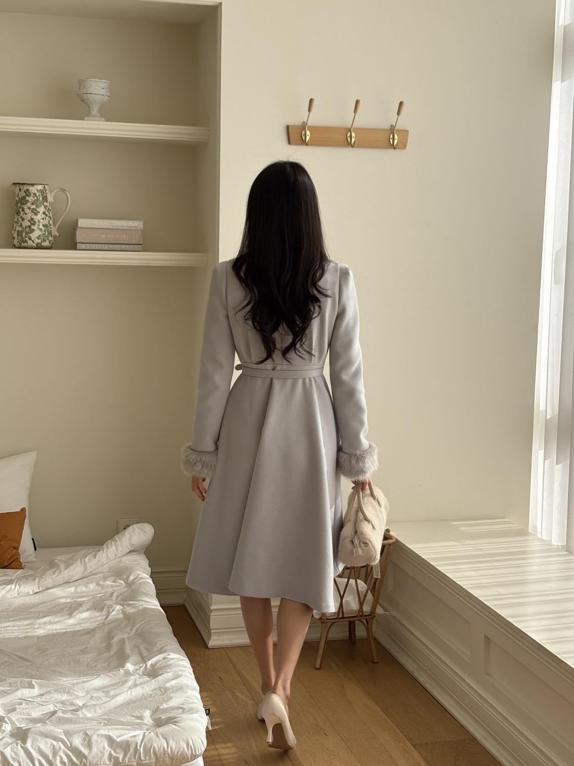 コンビエコファーボタンカラー肩パッドロング長袖フレアコートベルト付 | 詳細画像8