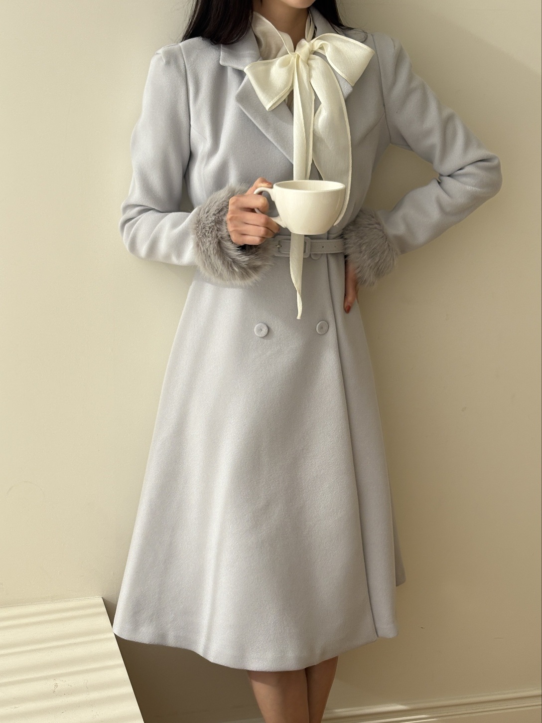 コンビエコファーボタンカラー肩パッドロング長袖フレアコートベルト付 | 詳細画像9