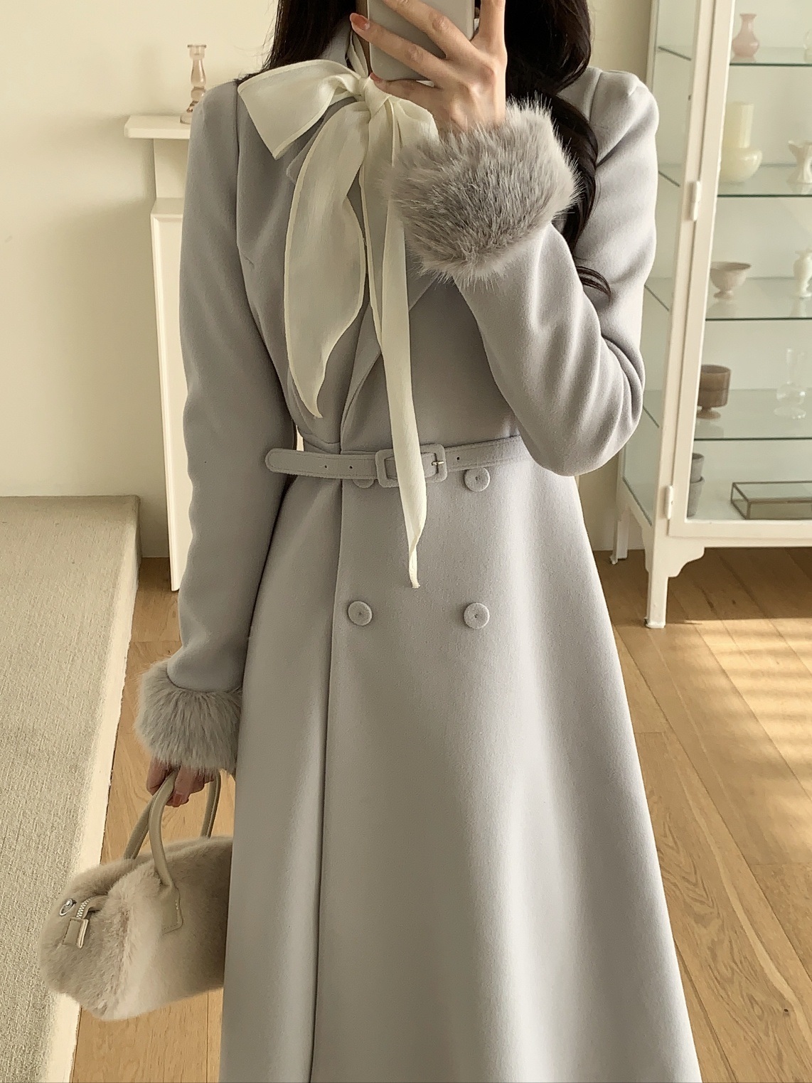 コンビエコファーボタンカラー肩パッドロング長袖フレアコートベルト付 | 詳細画像15