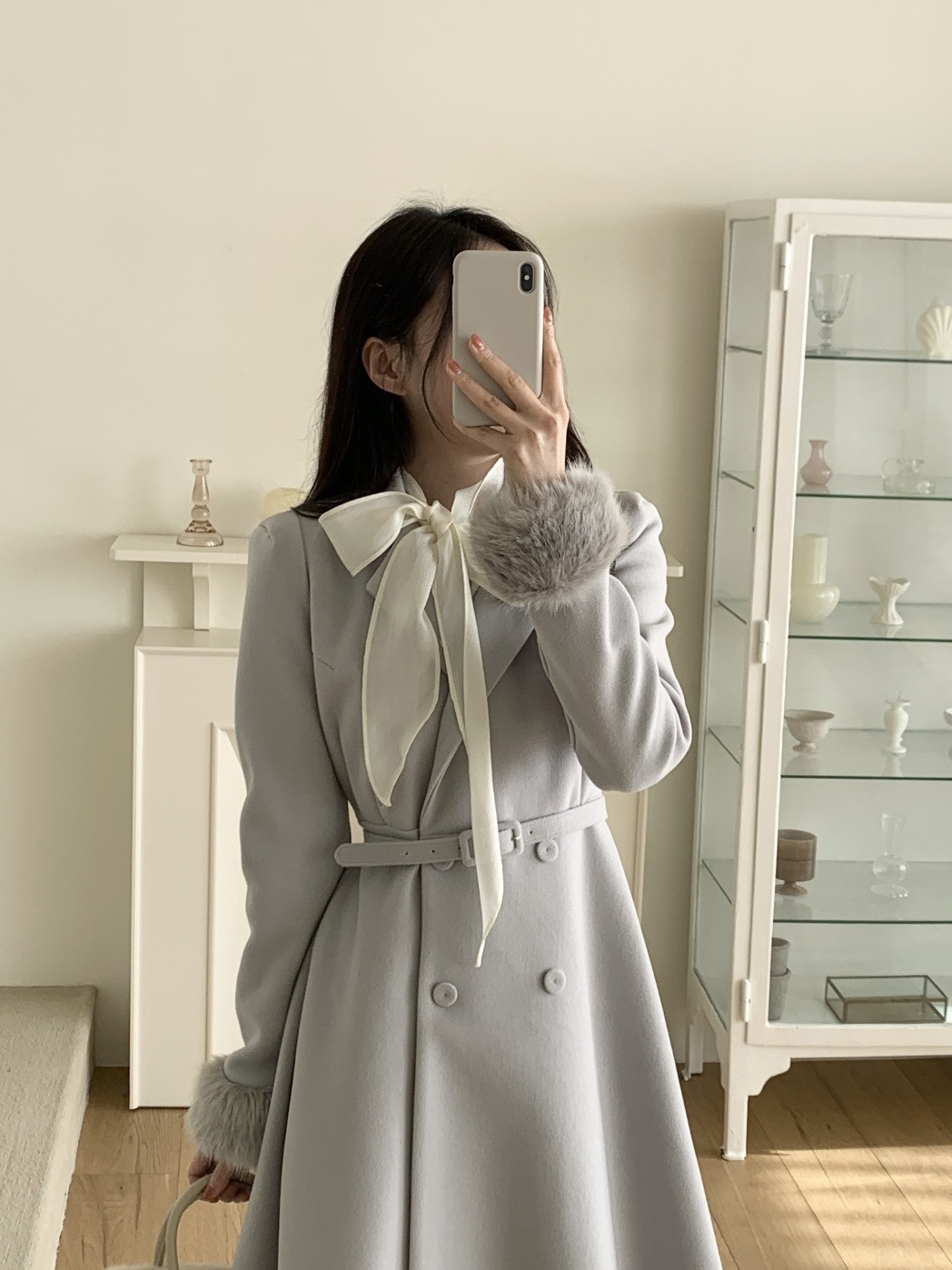 コンビエコファーボタンカラー肩パッドロング長袖フレアコートベルト付 | 詳細画像16