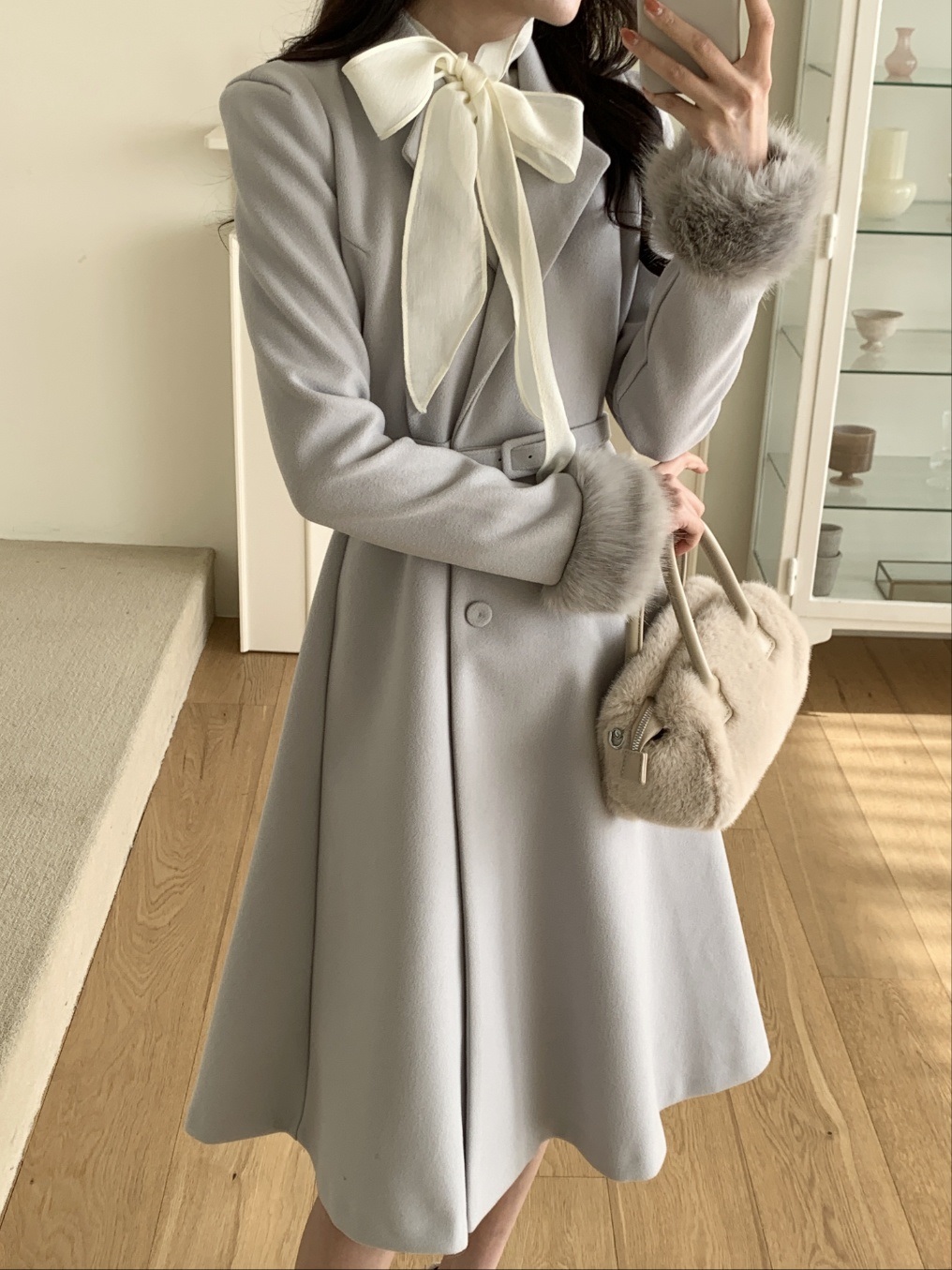 コンビエコファーボタンカラー肩パッドロング長袖フレアコートベルト付 | 詳細画像5