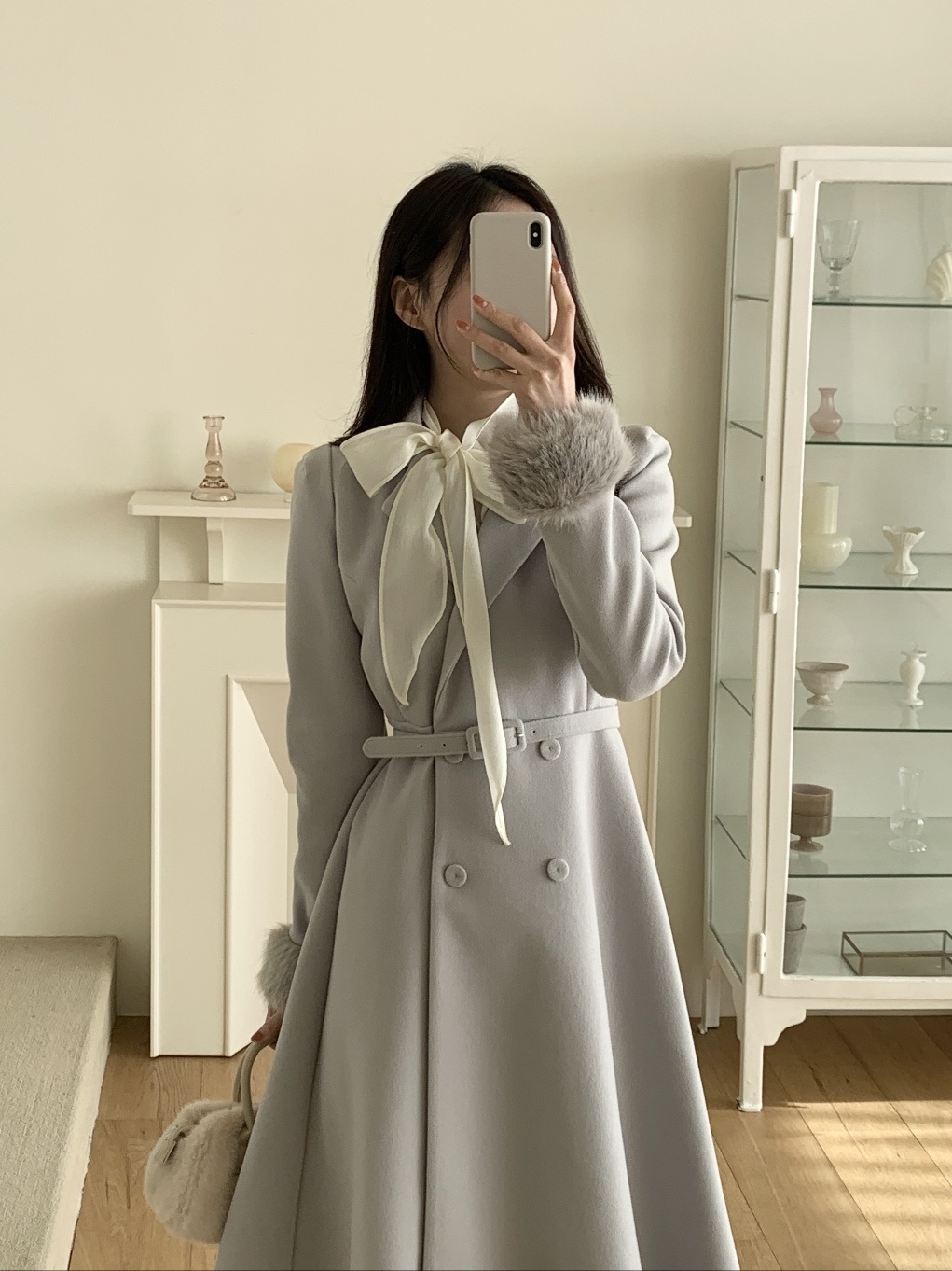 コンビエコファーボタンカラー肩パッドロング長袖フレアコートベルト付 | 詳細画像17