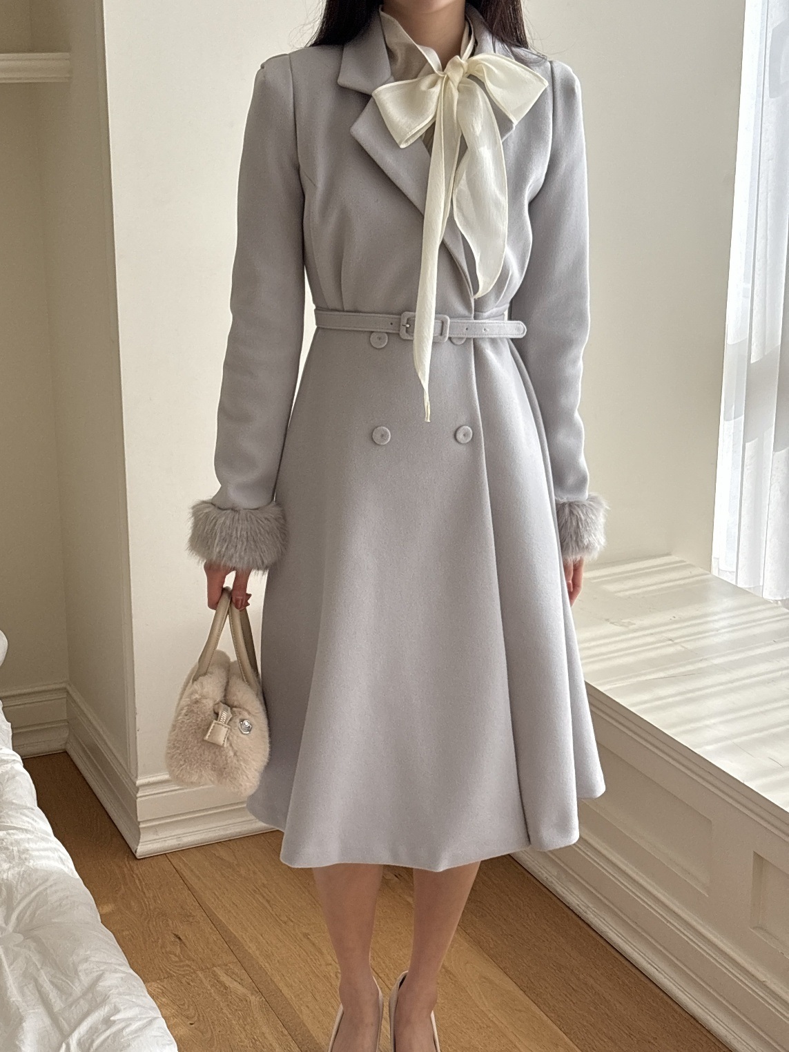 コンビエコファーボタンカラー肩パッドロング長袖フレアコートベルト付 | 詳細画像19