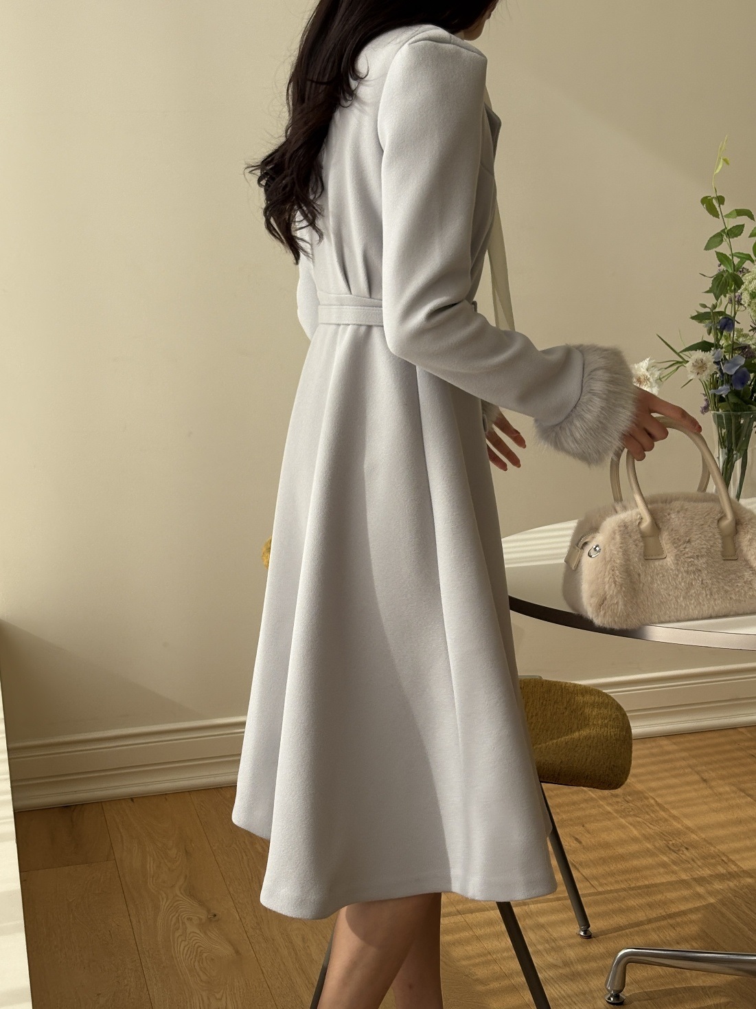 コンビエコファーボタンカラー肩パッドロング長袖フレアコートベルト付 | 詳細画像20