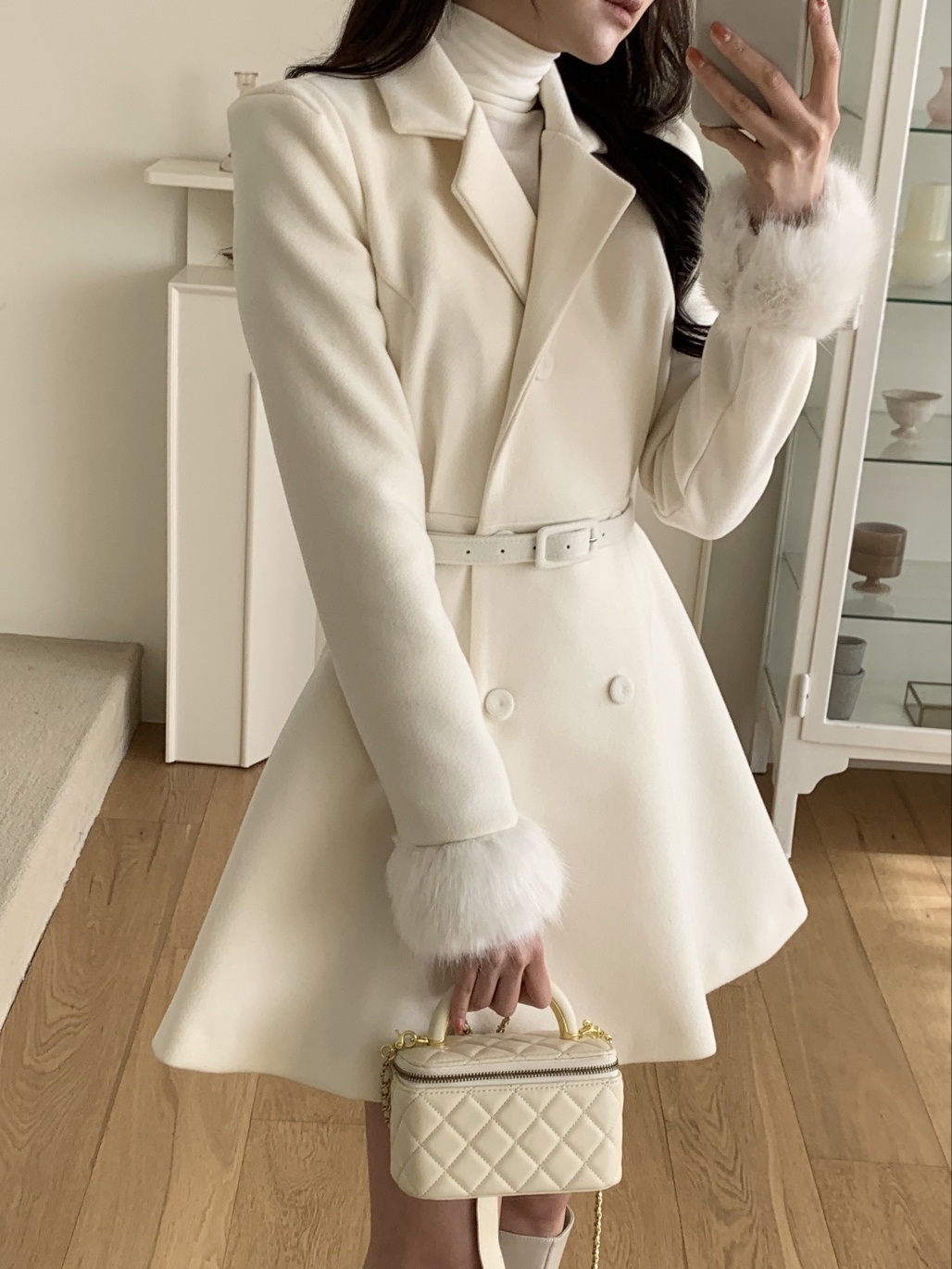 コンビエコファーボタンカラーハーフネック肩パッド長袖フレアコートベルト付 | 詳細画像17