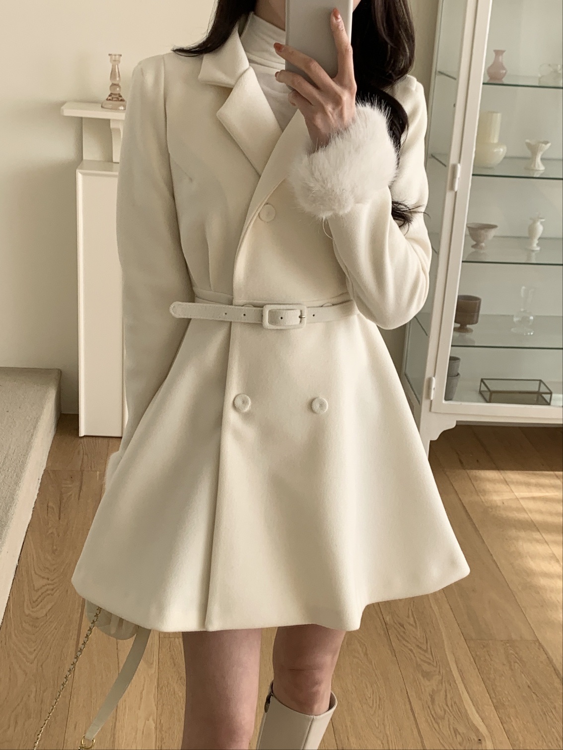 コンビエコファーボタンカラーハーフネック肩パッド長袖フレアコートベルト付 | 詳細画像18