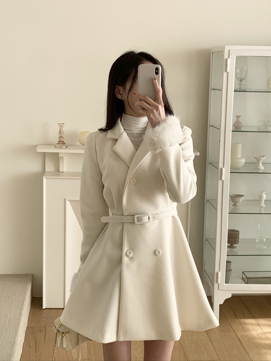 コンビエコファーボタンカラーハーフネック肩パッド長袖フレアコートベルト付 | 詳細画像19