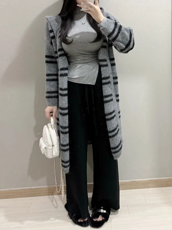 フードロングルーズ長袖ボーダーカーディガン | 詳細画像4