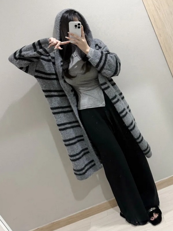 フードロングルーズ長袖ボーダーカーディガン | 詳細画像5