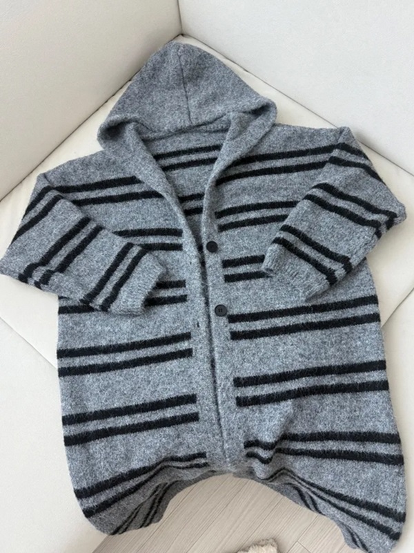 フードロングルーズ長袖ボーダーカーディガン | 詳細画像11