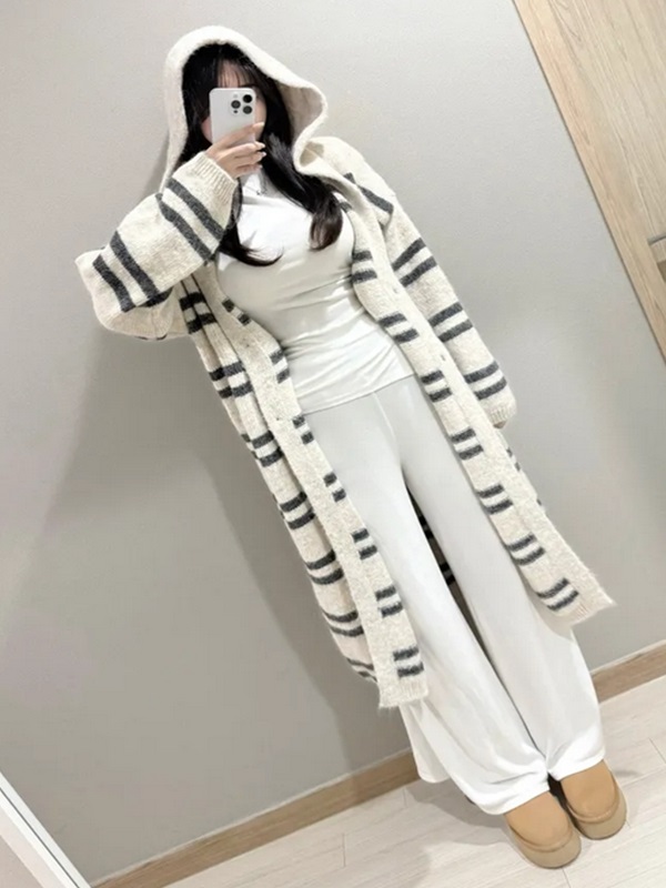 フードロングルーズ長袖ボーダーカーディガン | 詳細画像2