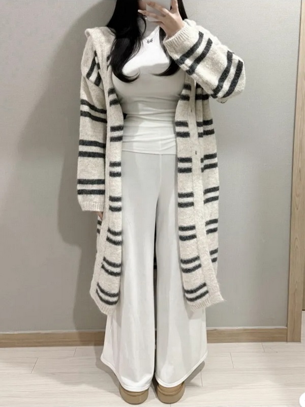 フードロングルーズ長袖ボーダーカーディガン | 詳細画像3