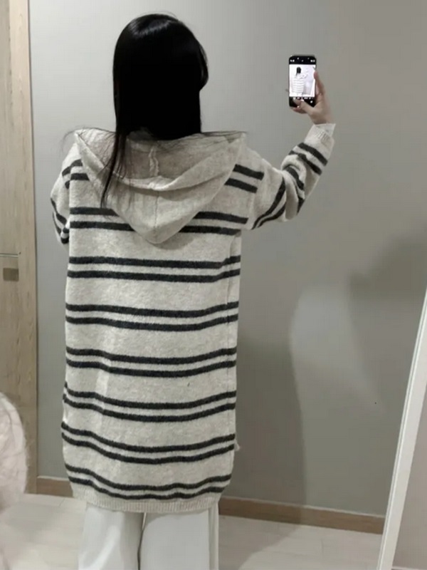 フードロングルーズ長袖ボーダーカーディガン | 詳細画像8