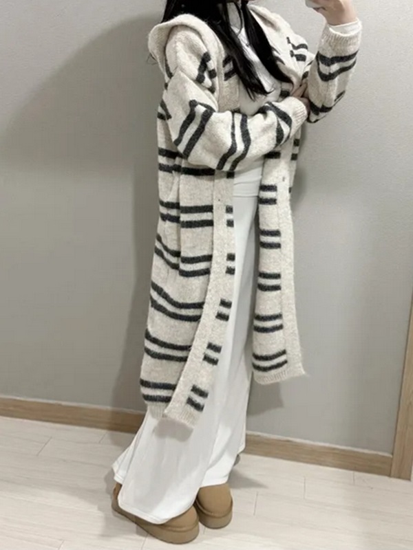 フードロングルーズ長袖ボーダーカーディガン | 詳細画像9