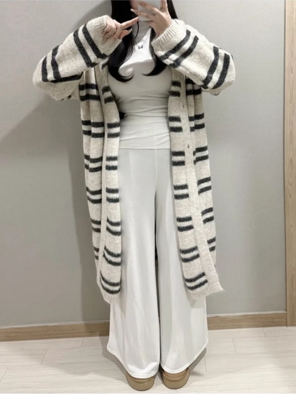 フードロングルーズ長袖ボーダーカーディガン | 詳細画像10