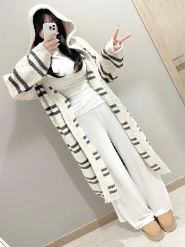 フードロングルーズ長袖ボーダーカーディガン | 詳細画像7