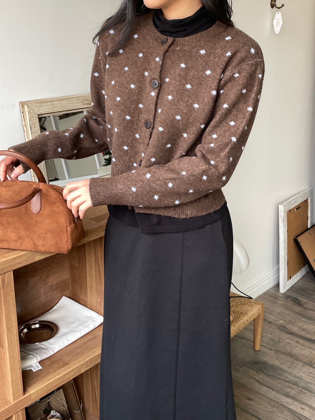 ニットボタンラウンドネックスリム長袖ドットカーディガン | 詳細画像5