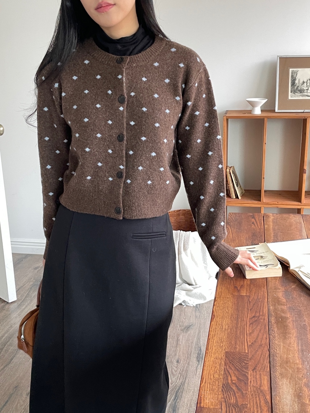 ニットボタンラウンドネックスリム長袖ドットカーディガン | 詳細画像7