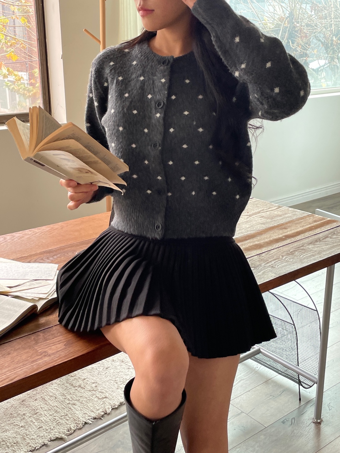 ニットボタンラウンドネックスリム長袖ドットカーディガン | 詳細画像13