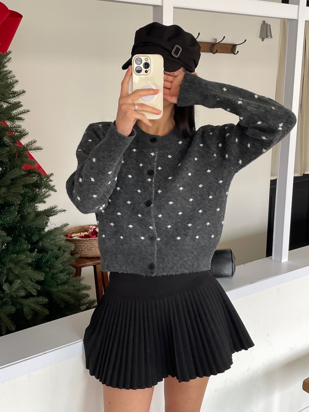 ニットボタンラウンドネックスリム長袖ドットカーディガン | 詳細画像9