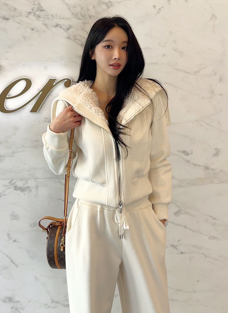 裏起毛ボアコンビ配色ジップアップフードポケットウエストゴム長袖