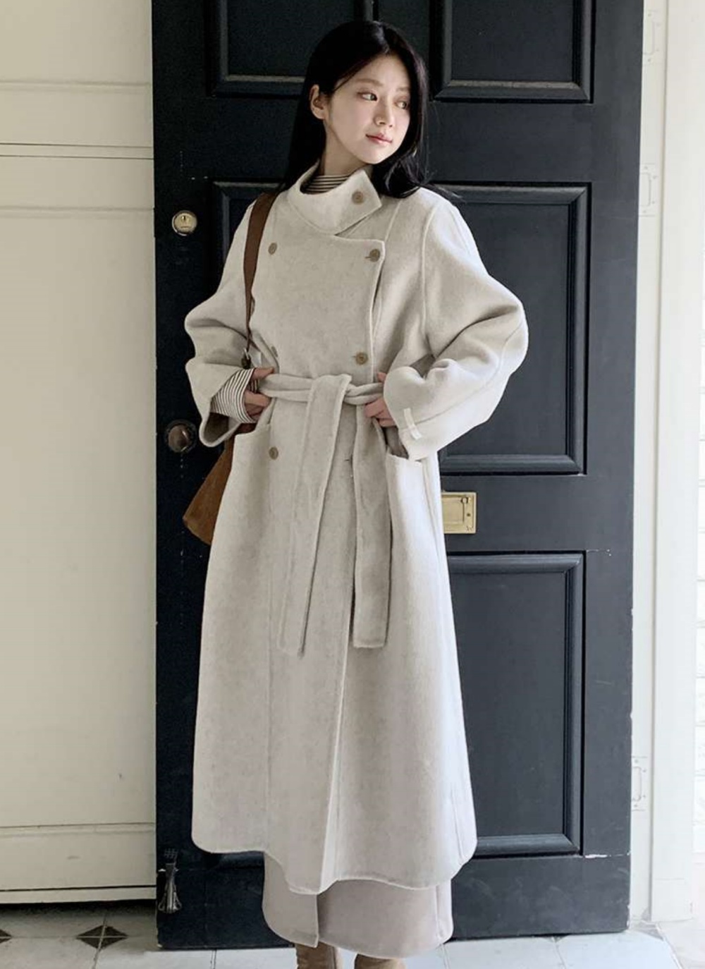 ウール混カラーハイネックポケットロングコート | レディース