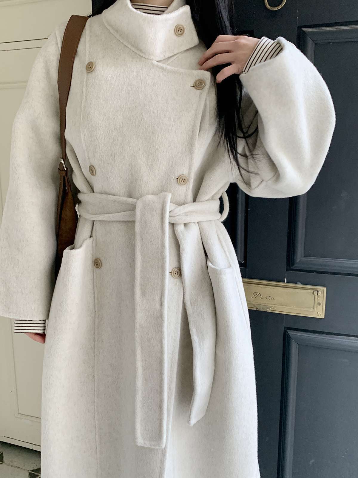 ウール混カラーハイネックポケットロングコート | レディース