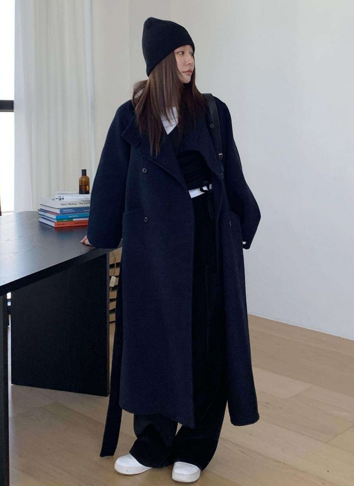 ウール混カラーハイネックポケットロングコート | レディース