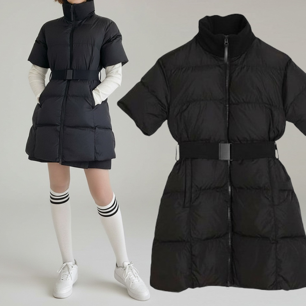 ダックダウン中綿ハイネック半袖ハーフダウンジャケットベルト付