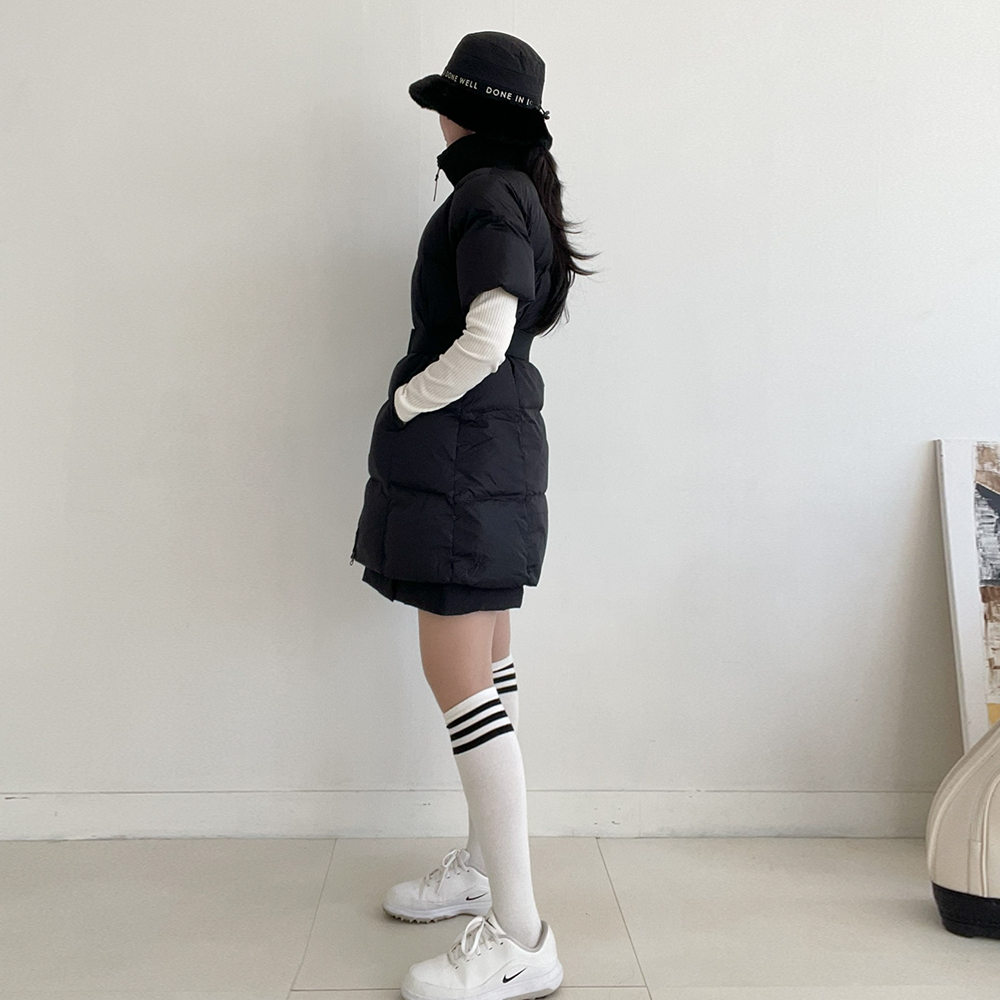 ダックダウン中綿ハイネック半袖ハーフダウンジャケットベルト付