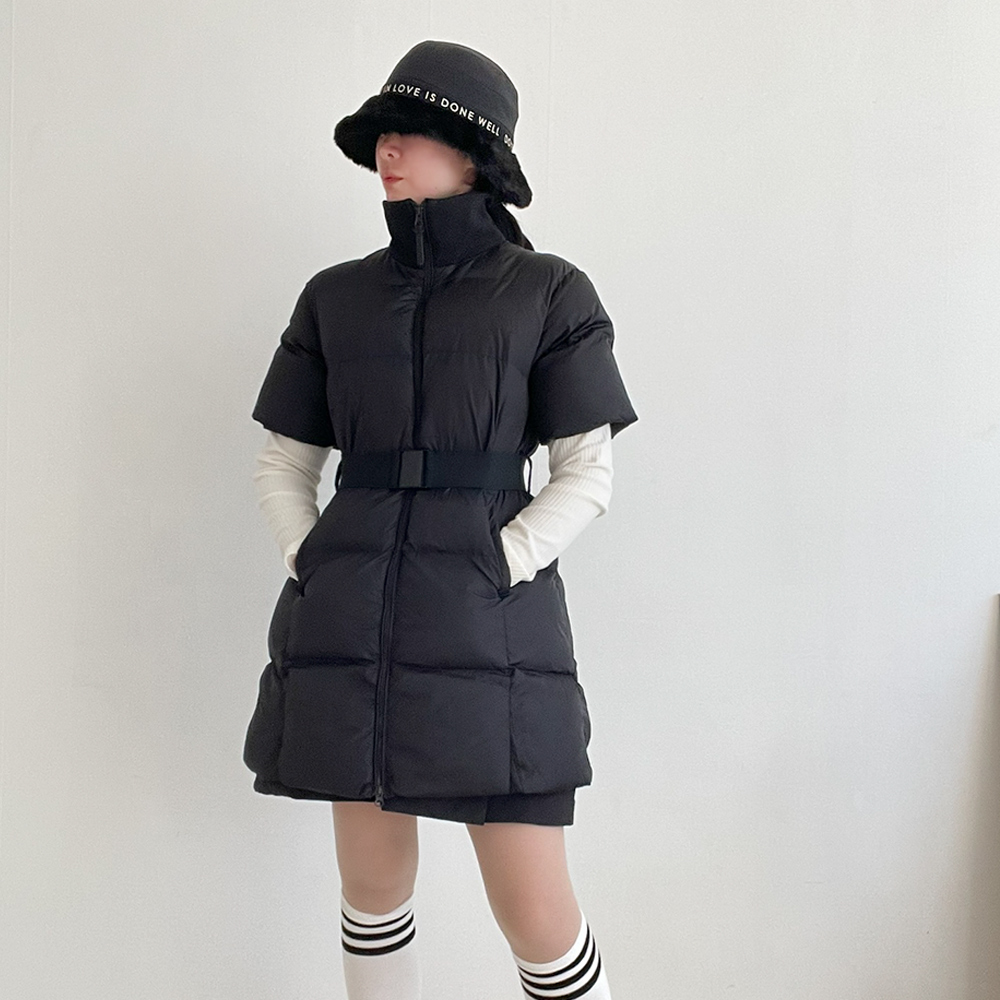 ダックダウン中綿ハイネック半袖ハーフダウンジャケットベルト付