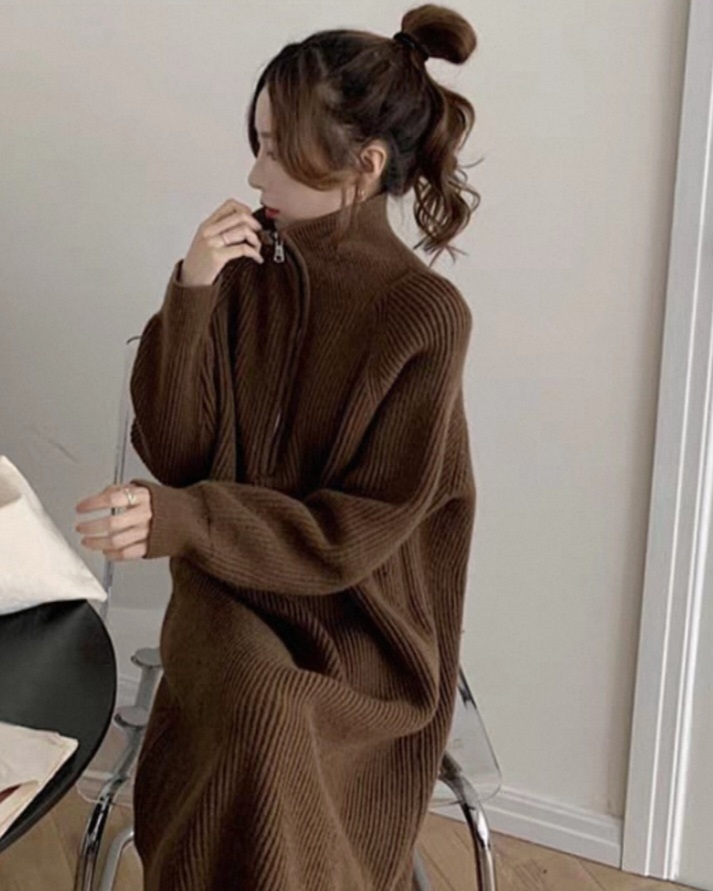 リブハイネックハーフジップロングルーズ長袖ワンピース | 詳細画像2