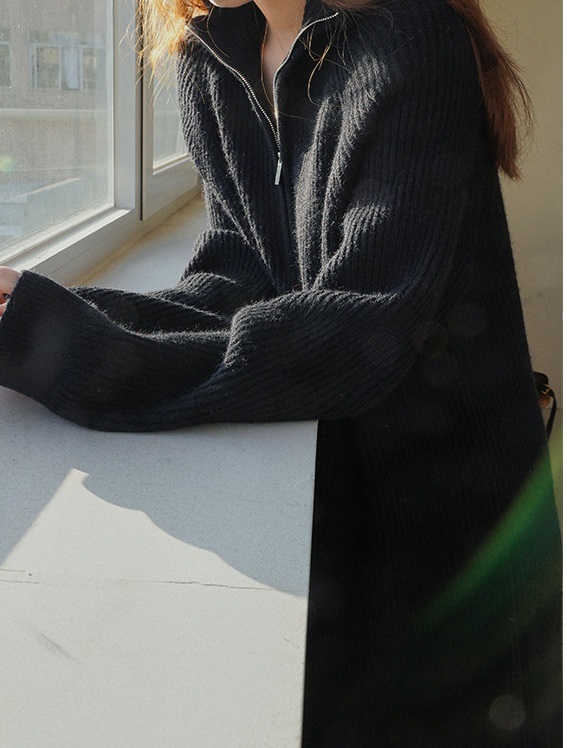 リブハイネックハーフジップロングルーズ長袖ワンピース | 詳細画像3