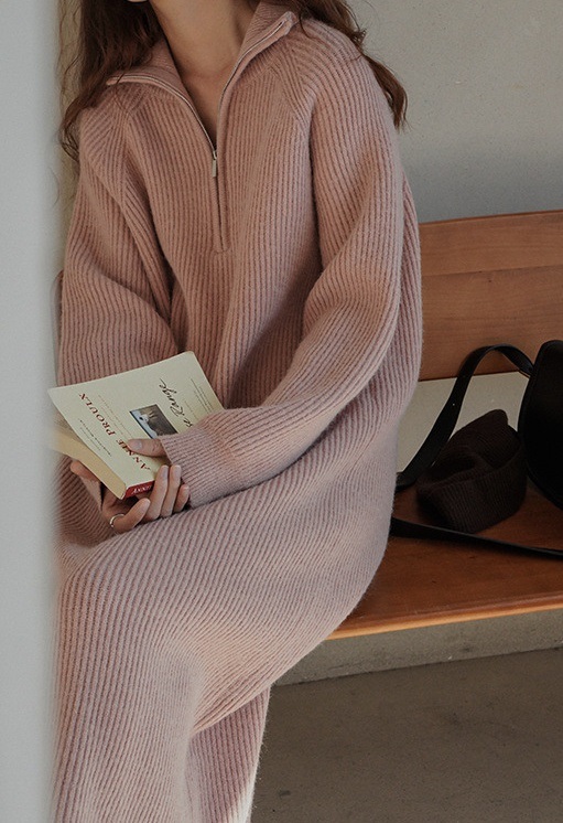 リブハイネックハーフジップロングルーズ長袖ワンピース | 詳細画像4