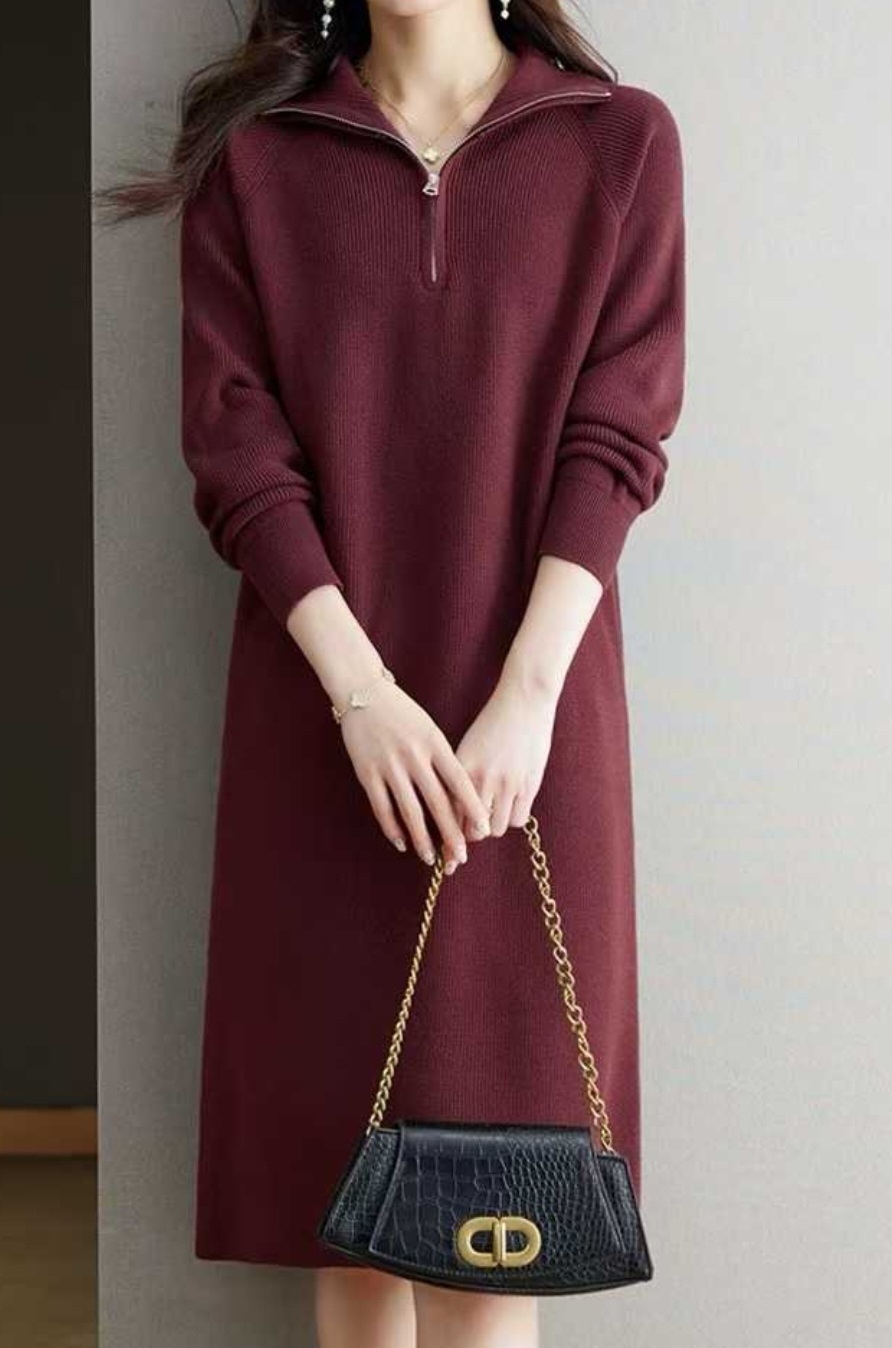 リブハイネックハーフジップロングルーズ長袖ワンピース | 詳細画像5