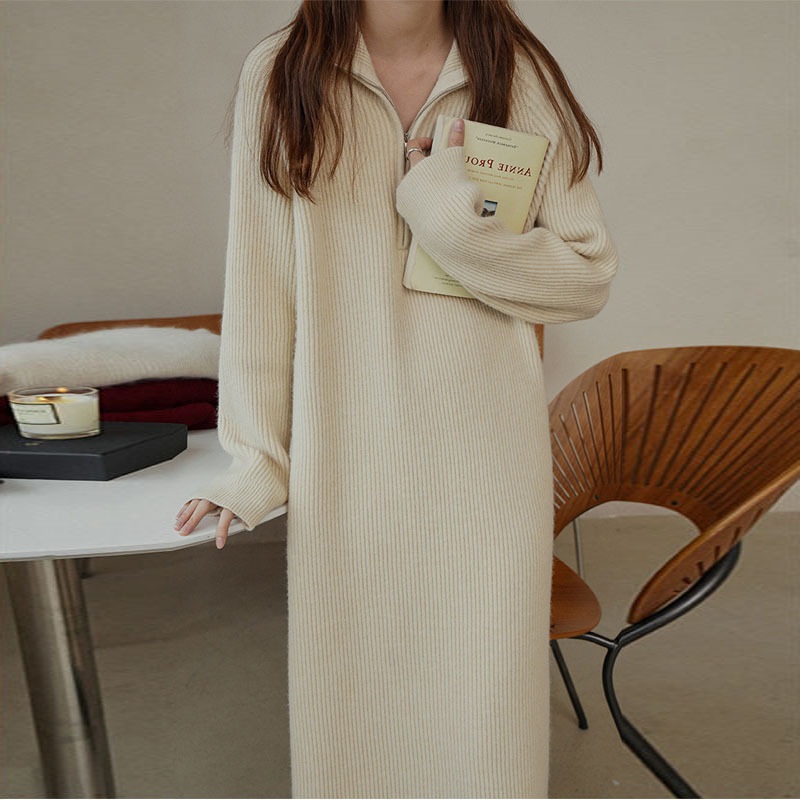 リブハイネックハーフジップロングルーズ長袖ワンピース | 詳細画像6