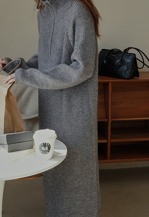 リブハイネックハーフジップロングルーズ長袖ワンピース | 詳細画像7