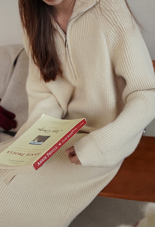 リブハイネックハーフジップロングルーズ長袖ワンピース | 詳細画像11