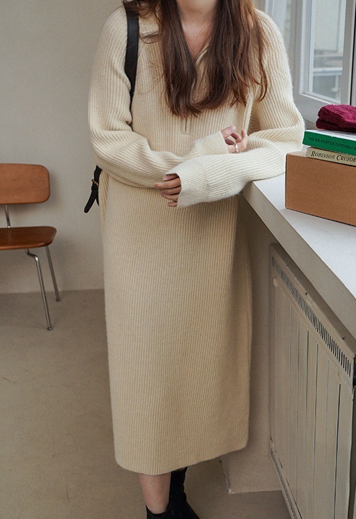 リブハイネックハーフジップロングルーズ長袖ワンピース | 詳細画像12