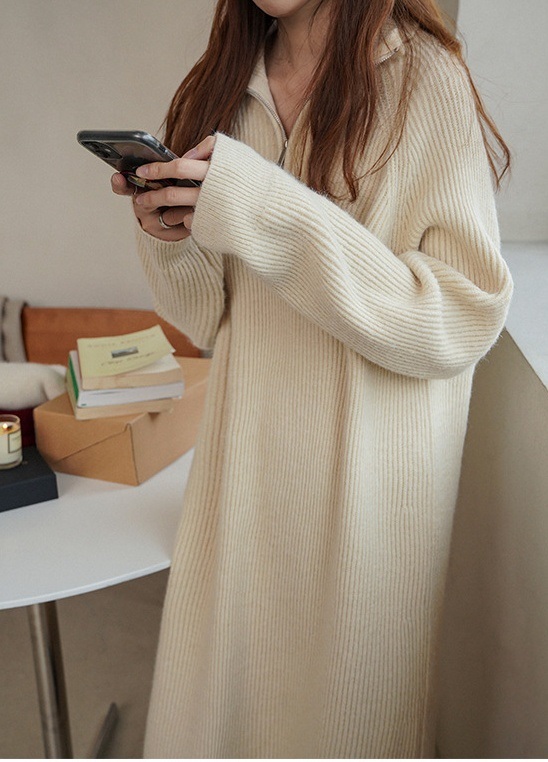 リブハイネックハーフジップロングルーズ長袖ワンピース | 詳細画像14