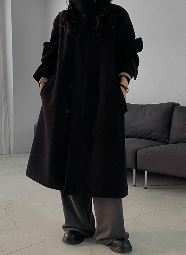 ウール混カラーロング長袖ポケットラグランハイネックボタンコート