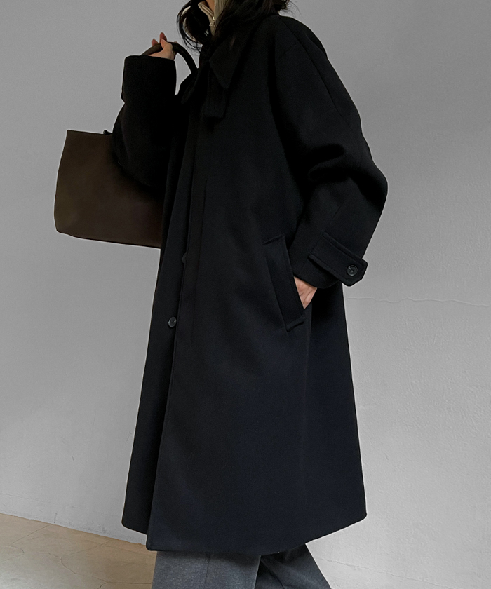 ウール混カラーロング長袖ポケットラグランハイネックボタンコート