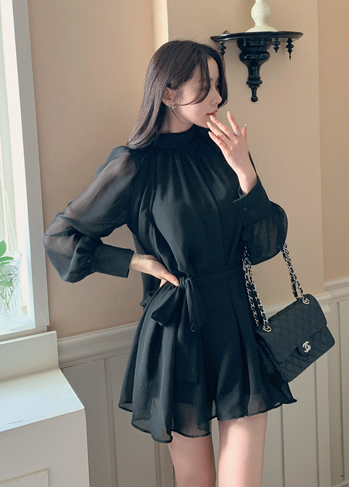 シースルージップアップボウタイ長袖ミニワンピース | レディース