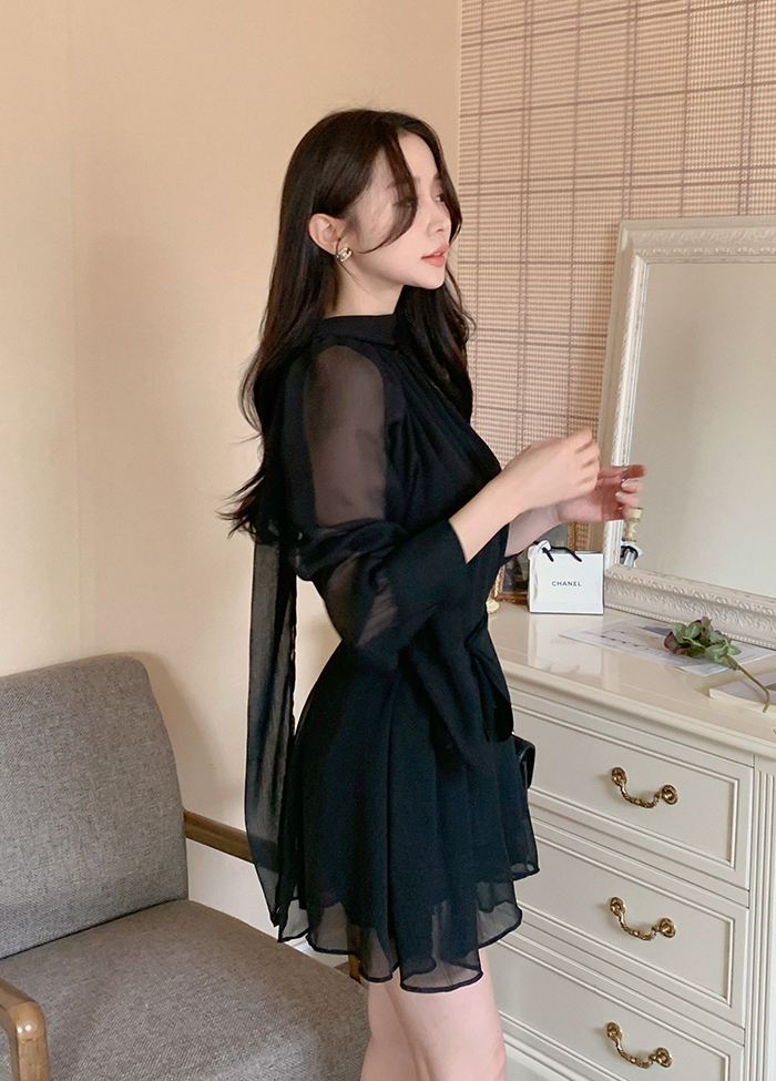 シースルージップアップボウタイ長袖ミニワンピース | レディース