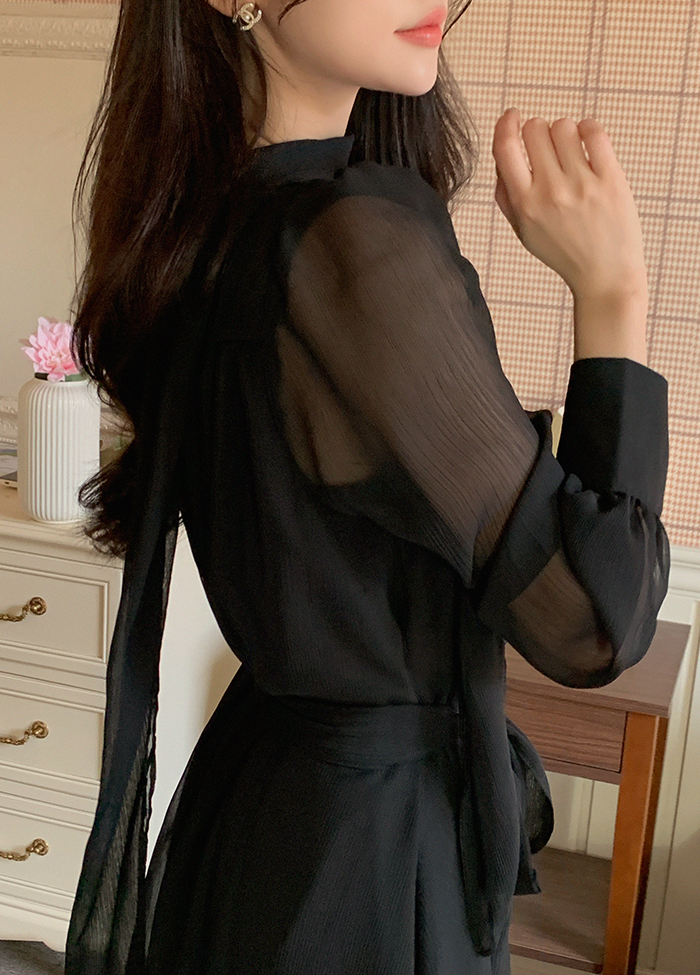 シースルージップアップボウタイ長袖ミニワンピース | レディース