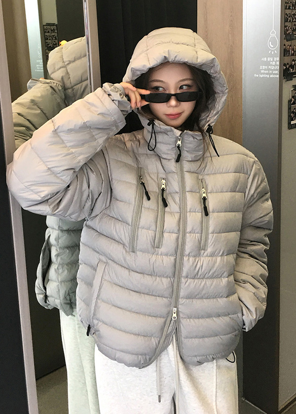 中綿フード長袖ダブルジップポケット軽量ダウンジャケット