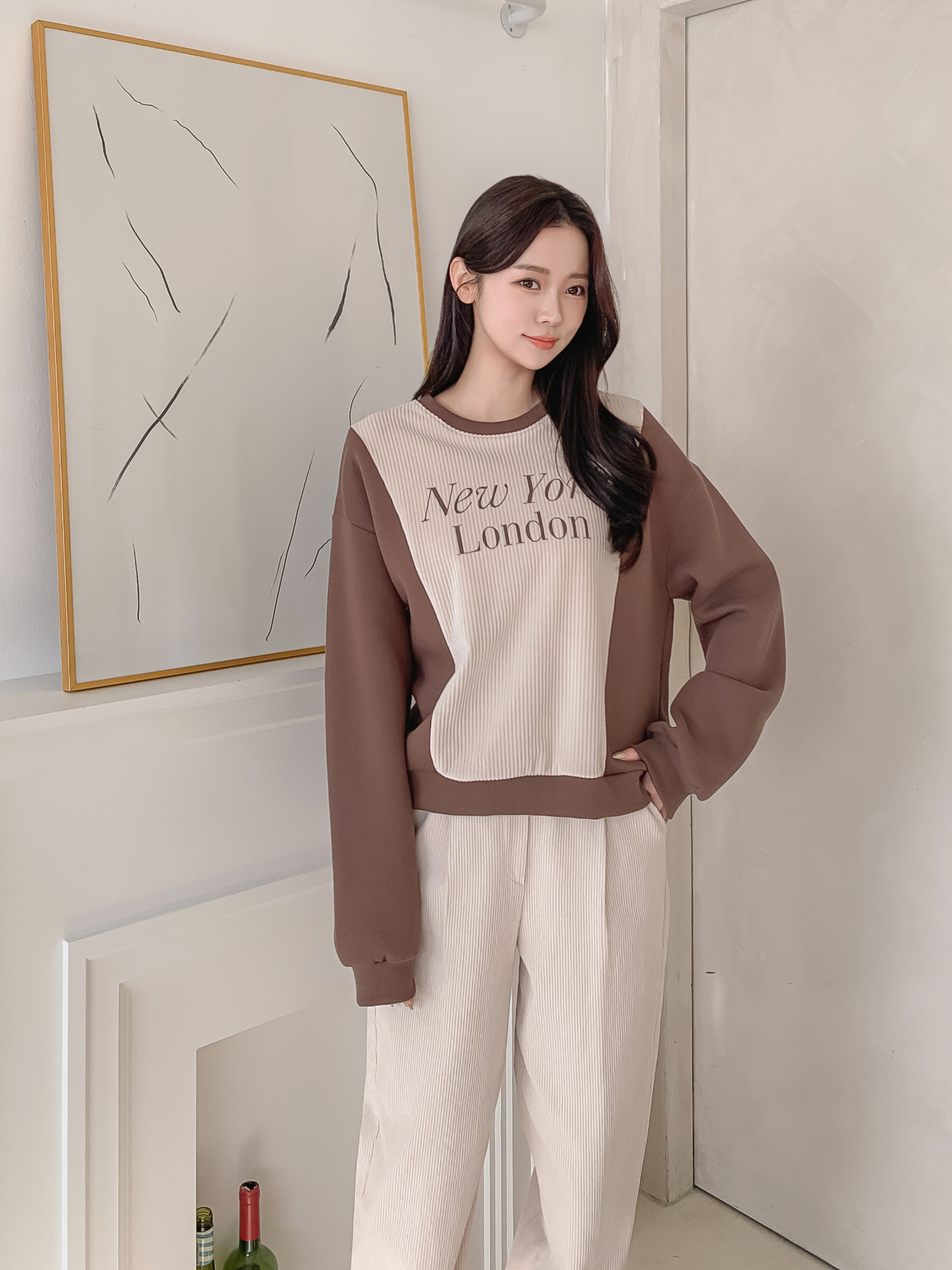 ファー裏地ラウンドネック長袖プリント配色カラースウェット | 詳細画像5