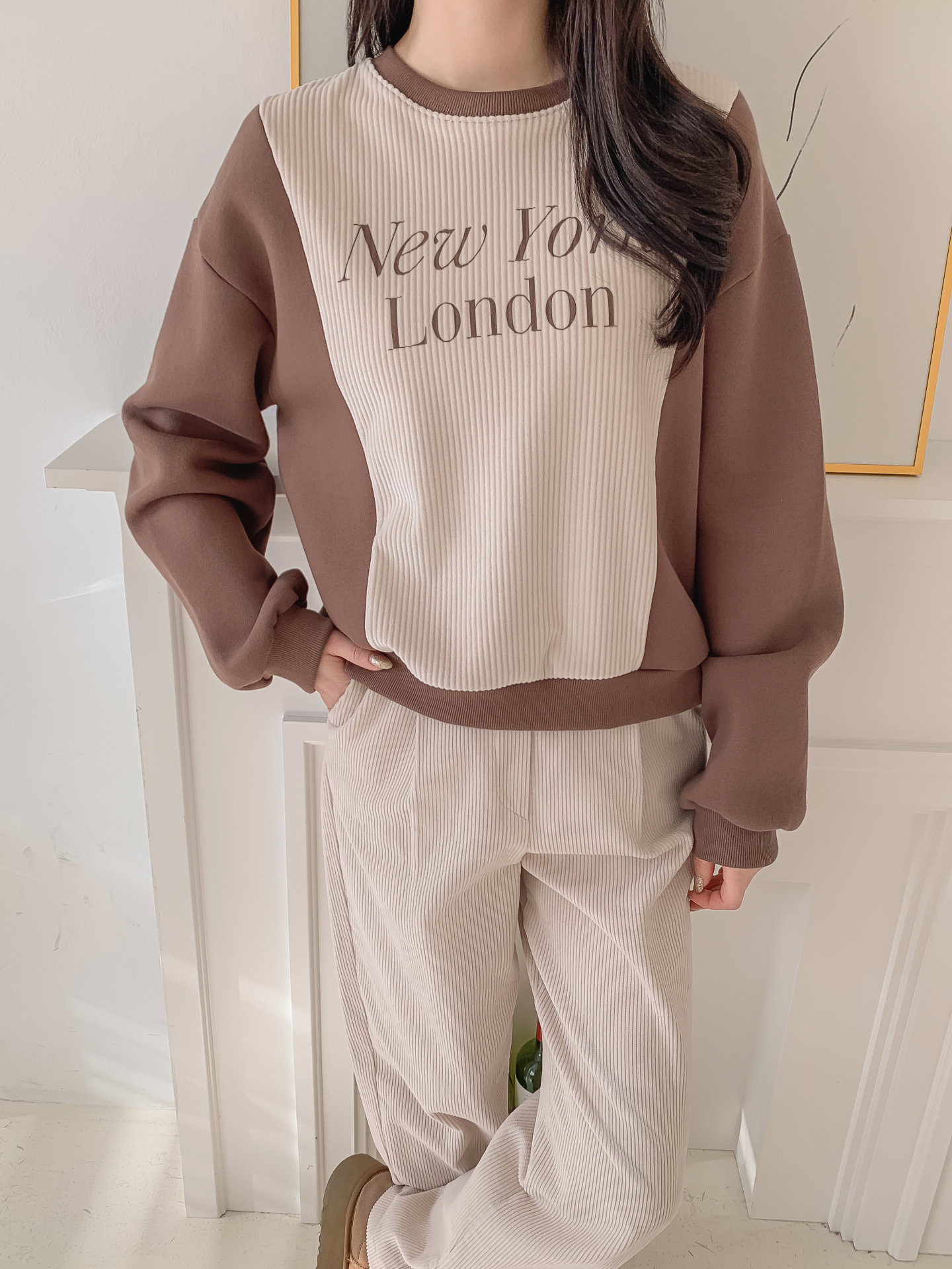 ファー裏地ラウンドネック長袖プリント配色カラースウェット | 詳細画像8